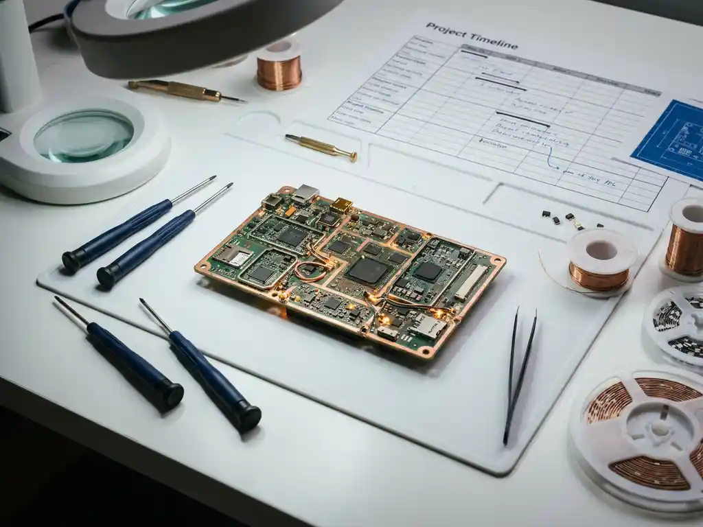 Eingebettete Leiterplatte in der Montage auf weißem Schreibtisch, umgeben von Präzisionswerkzeug, Bauteilrollen und Projektzeitplan.