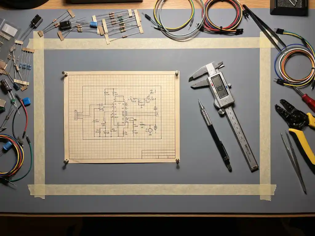Aufgeräumter Elektronik-Arbeitsplatz mit PCB-Schaltplan, Messschieber und Druckbleistift, umgeben von losen Bauteilen und Kabeln.