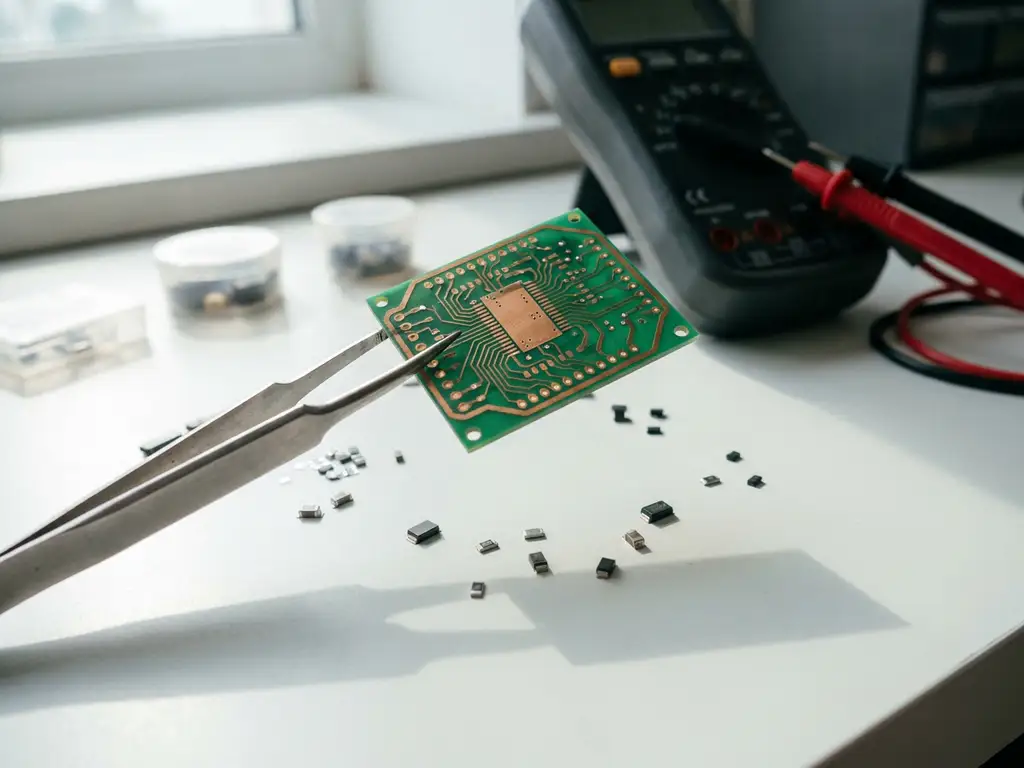 Leiterplatte mit Kupferleiterbahnen in Präzisionspinzette über weißem Werktisch, SMD-Bauteile und Multimeter im Hintergrund.