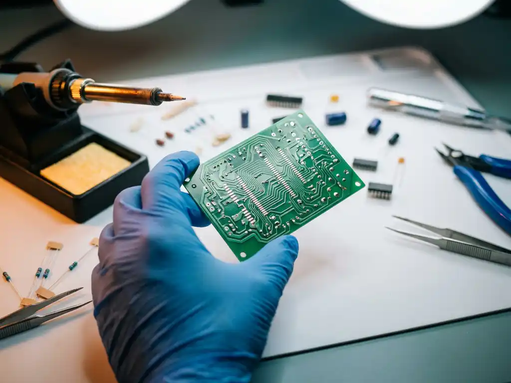 Techniker hält eine unbestückte Leiterplatte mit Kupferbahnen über eine weiße Werkbank mit Lötkolben und Elektronikbauteilen.
