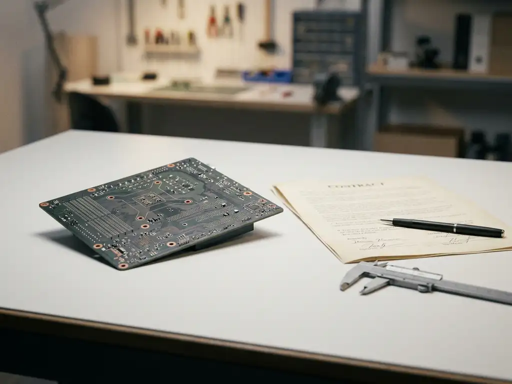 PCB-Leiterplatte auf weißem Schreibtisch neben einem unterzeichneten Vertrag und einem Präzisionsmessschieber im Studio-Licht.