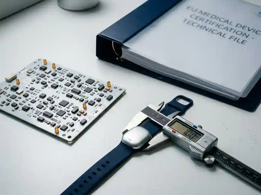 Medizinisches PCB mit SMD-Bauteilen neben EU-Zertifizierungsmappe, Schieblehre misst tragbares Geräteprototyp auf weißem Labortisch.