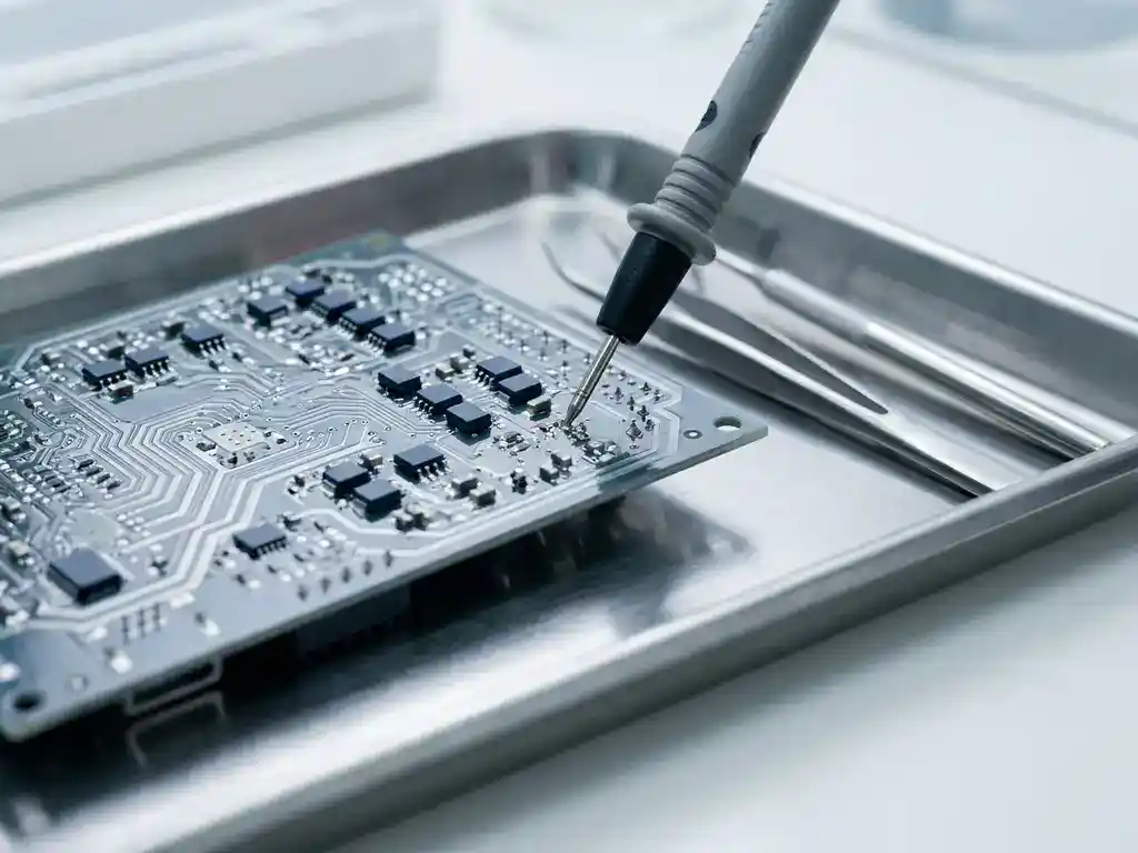 Medizinische Leiterplatte neben chirurgischem Instrumententablett aus Edelstahl, Multimeter-Messspitze prüft elektronisches Bauteil.