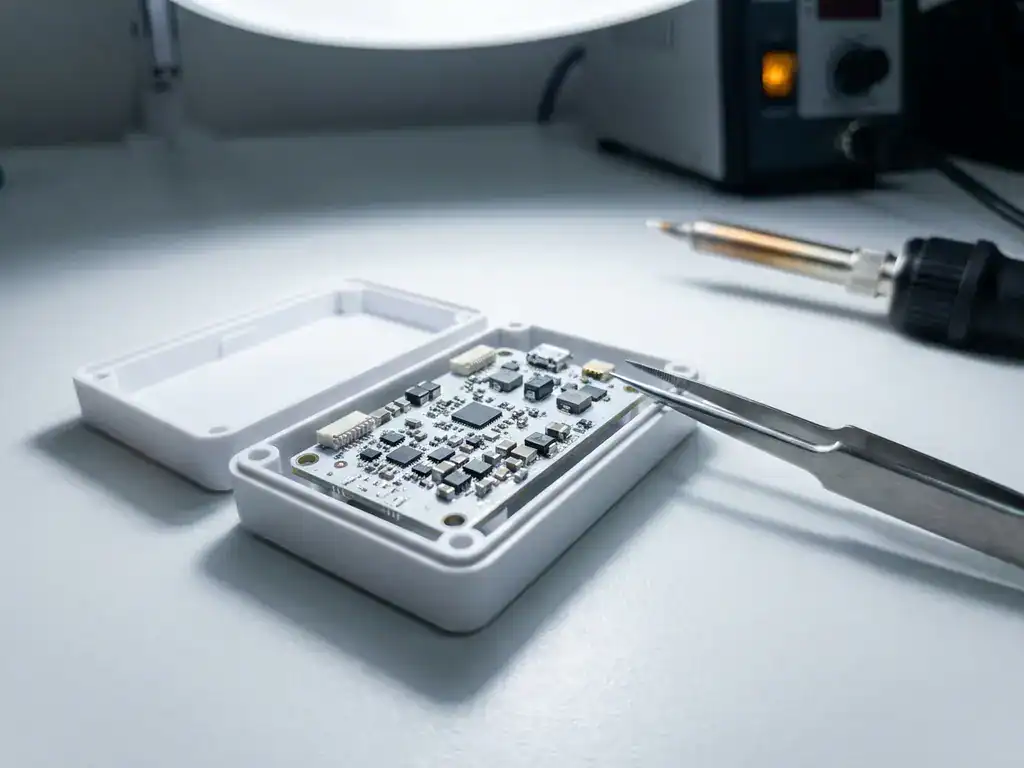Medizinische Leiterplatte mit SMD-Bauteilen in steriler weißer Gehäuseschale, Präzisionspinzette daneben auf Reinraum-Oberfläche.