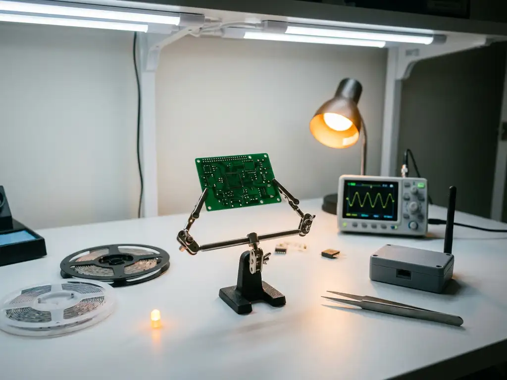 Nacktes PCB-Prototyp in Helferhänden-Werkzeug auf weißem Labortisch, umgeben von Bauteilrollen, Pinzetten und Oszilloskop mit Wellenform.