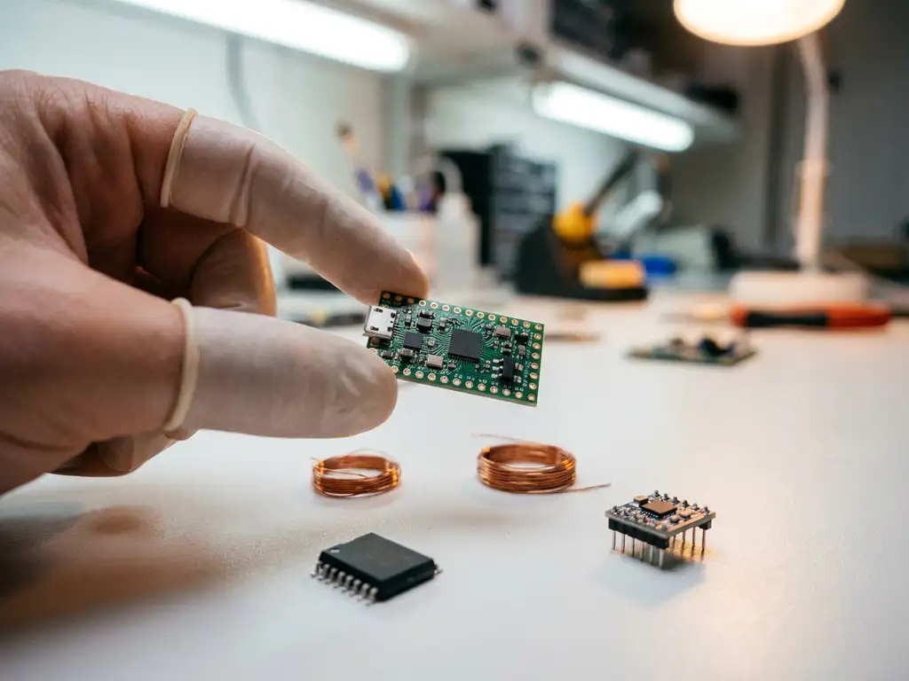 Grüne PCB-Platine zwischen zwei Fingern über weißer Werkbank, umgeben von Mikrocontroller, Kupferdrahtspulen und IoT-Sensormodul.
