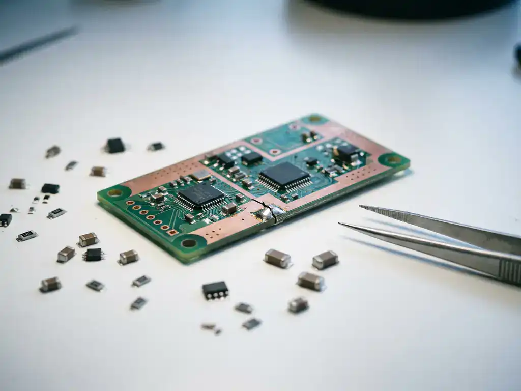 Halb bestücktes PCB-Prototyp mit gerissener Lötstelle, Präzisionspinzette und verstreuten Bauteilen auf weißer Werkbank.