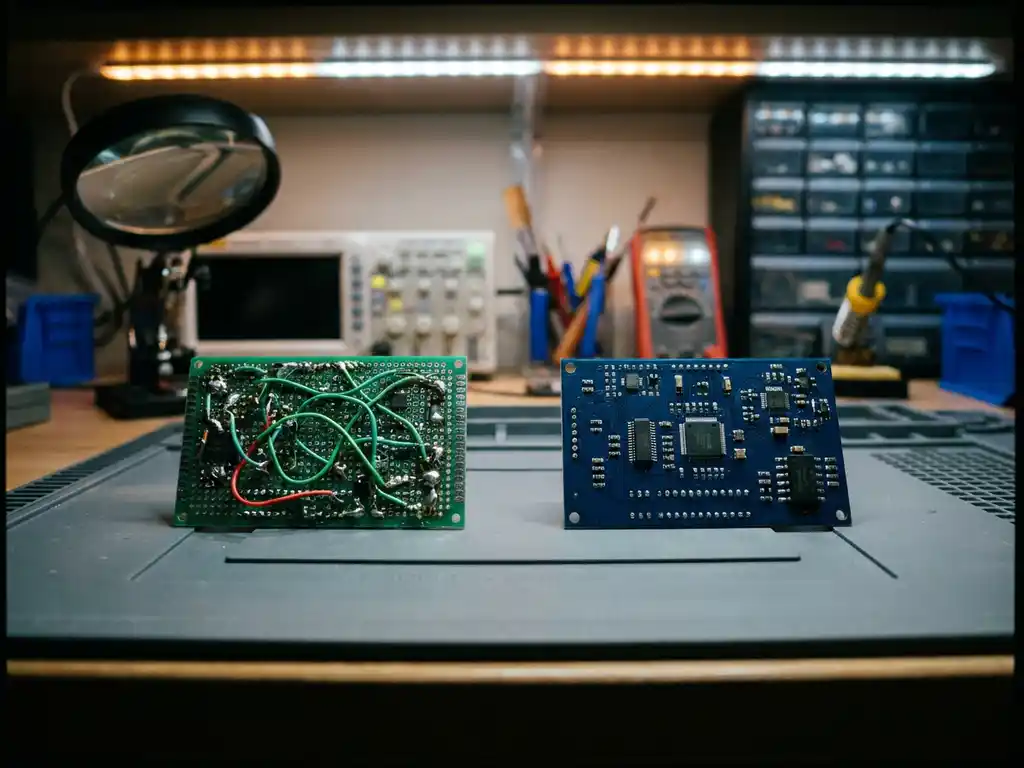 Handgelöteter PCB-Prototyp mit Drahtbrücken neben einer professionell gefertigten Leiterplatte auf antistatischer Matte im Elektroniklabor.