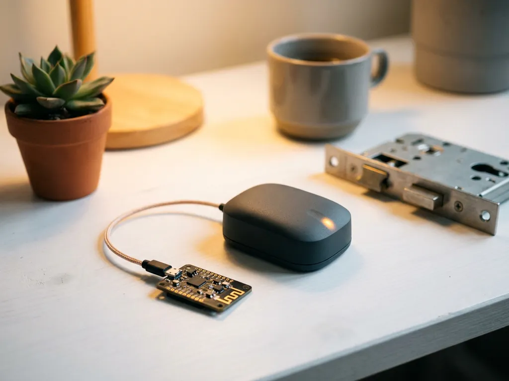 Kompakter Smart-Sensor verbunden mit einer Leiterplatte, umgeben von Alltagsobjekten wie Pflanze, Kaffeetasse und Türschloss auf weißem Schreibtisch.