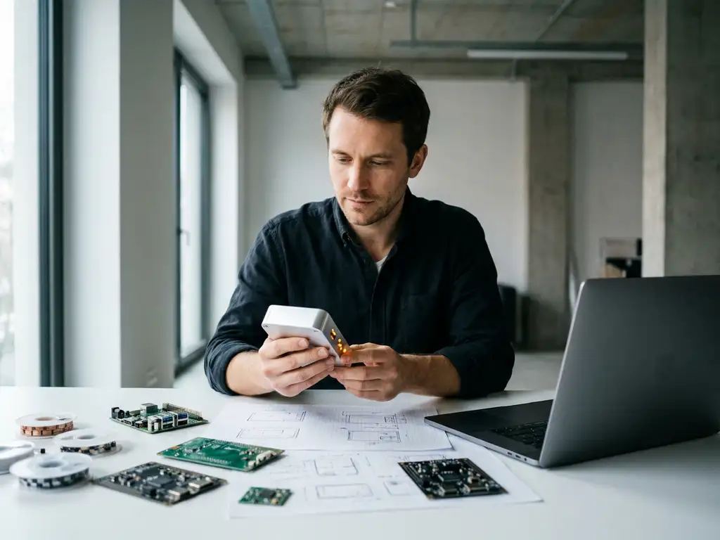 Startup-Gründer prüft IoT-Hardware-Prototyp am weißen Schreibtisch, umgeben von Leiterplatten und Skizzen, Berliner Studio.